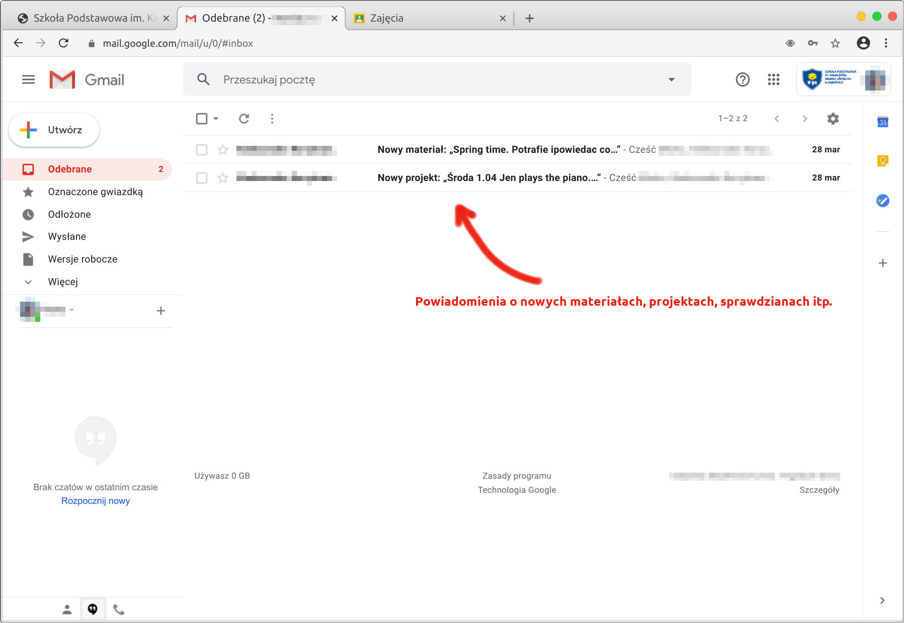 Przykładowy ekran poczty Gmail w domenie dabrowka.edu.pl